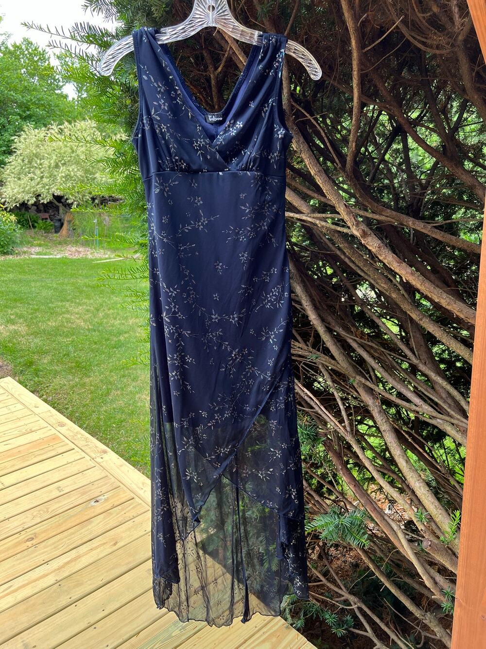 Vintage 90s Taboo Midi Dress S Navy Blue Iridescent Floral Asymmetrical Mesh Y2K